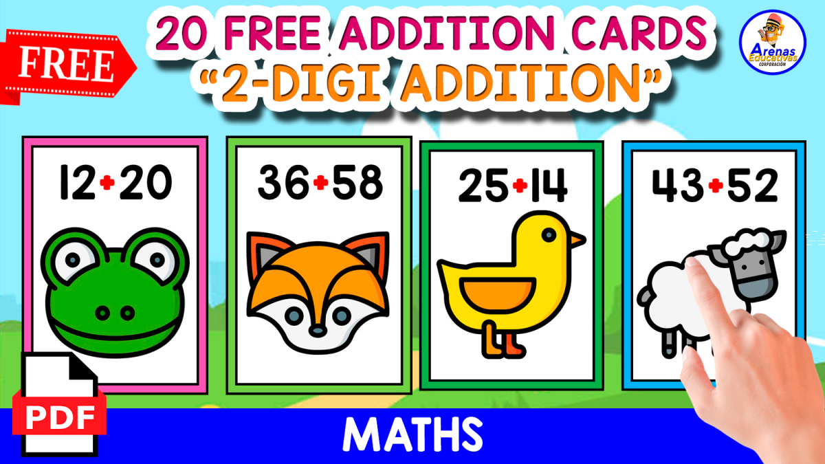 An educational teaching resource from EDITORIAL LAURA EDUCA entitled 20 ADDITION FLASHCARDS OF 2-DIGIT | ANIMALS downloadable at Teach Simple.