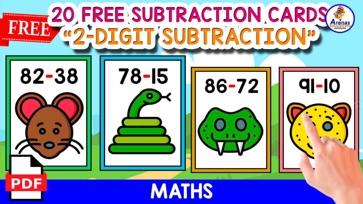 An educational teaching resource from EDITORIAL LAURA EDUCA entitled 20 CARDS OF 2-DIGIT SUBCTRACTION | ANIMALS THEMED downloadable at Teach Simple.