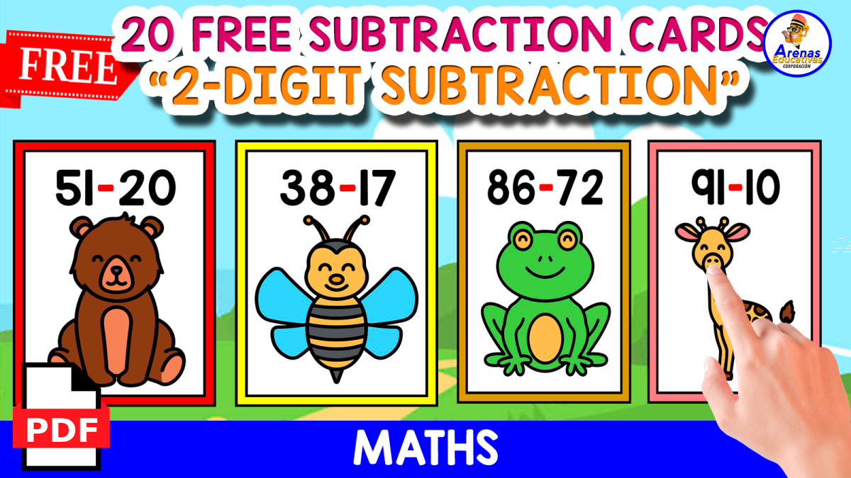 An educational teaching resource from EDITORIAL LAURA EDUCA entitled 20 CARDS OF 2-DIGIT SUBTRACTION | ANIMALS THEMED FOR KIDS downloadable at Teach Simple.