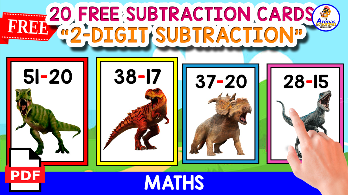 An educational teaching resource from EDITORIAL LAURA EDUCA entitled 20 CARDS OF 2-DIGIT SUBTRACTION | DINO THEMED downloadable at Teach Simple.