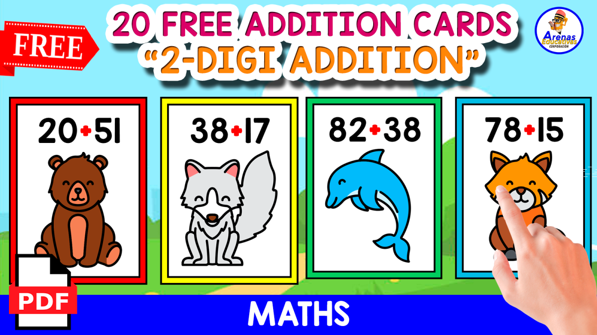 An educational teaching resource from EDITORIAL LAURA EDUCA entitled 20 CARDS PF 2-DIGIT ADDITION | ANIMALS THEMED downloadable at Teach Simple.