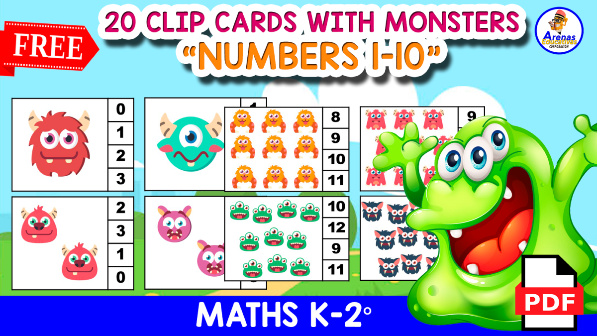 An educational teaching resource from EDITORIAL LAURA EDUCA entitled 20 CLIP CARDS WITH MONSTERS | Counting 1 to 10 downloadable at Teach Simple.
