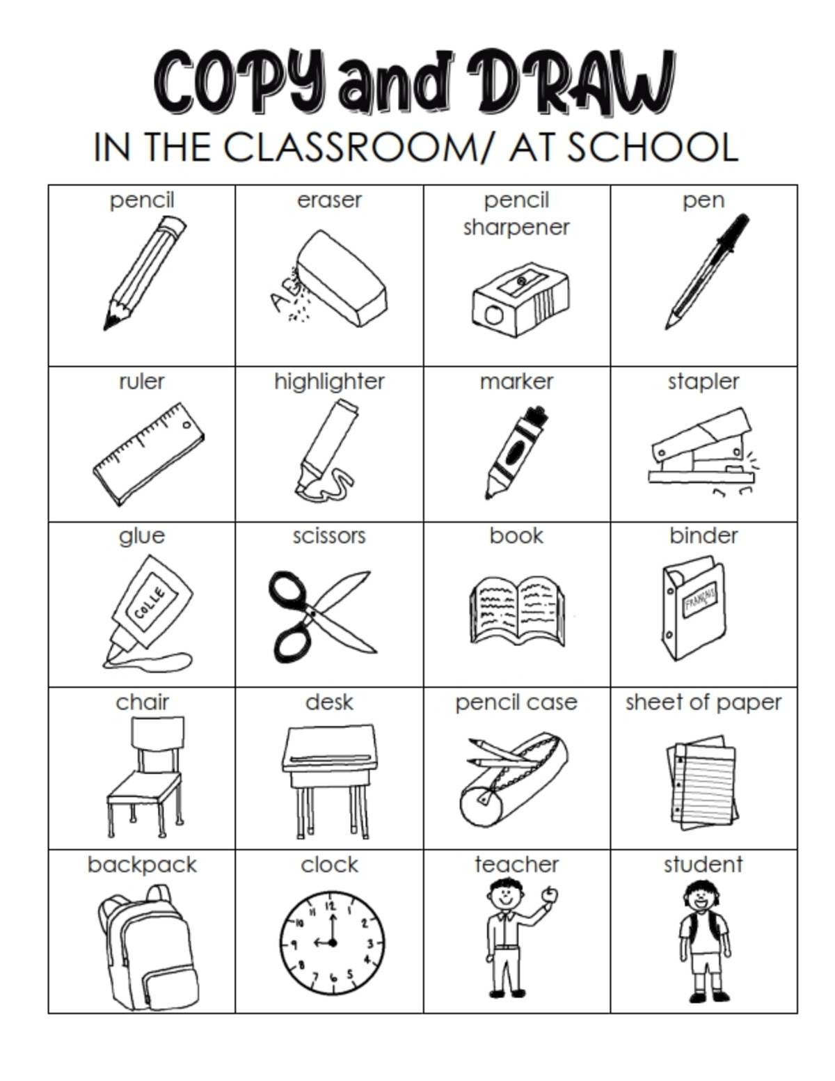 An educational teaching resource from Brave Education entitled Copy and Draw – 20 Classroom Vocabulary Worksheets downloadable at Teach Simple.