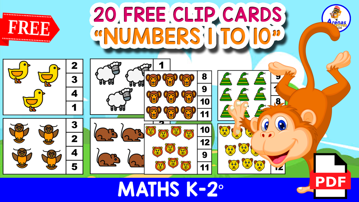 An educational teaching resource from EDITORIAL LAURA EDUCA entitled 20 COUNT AND CLIP CARDS WITH ANIMALS THEMED | Numbers 1 to 10 downloadable at Teach Simple.