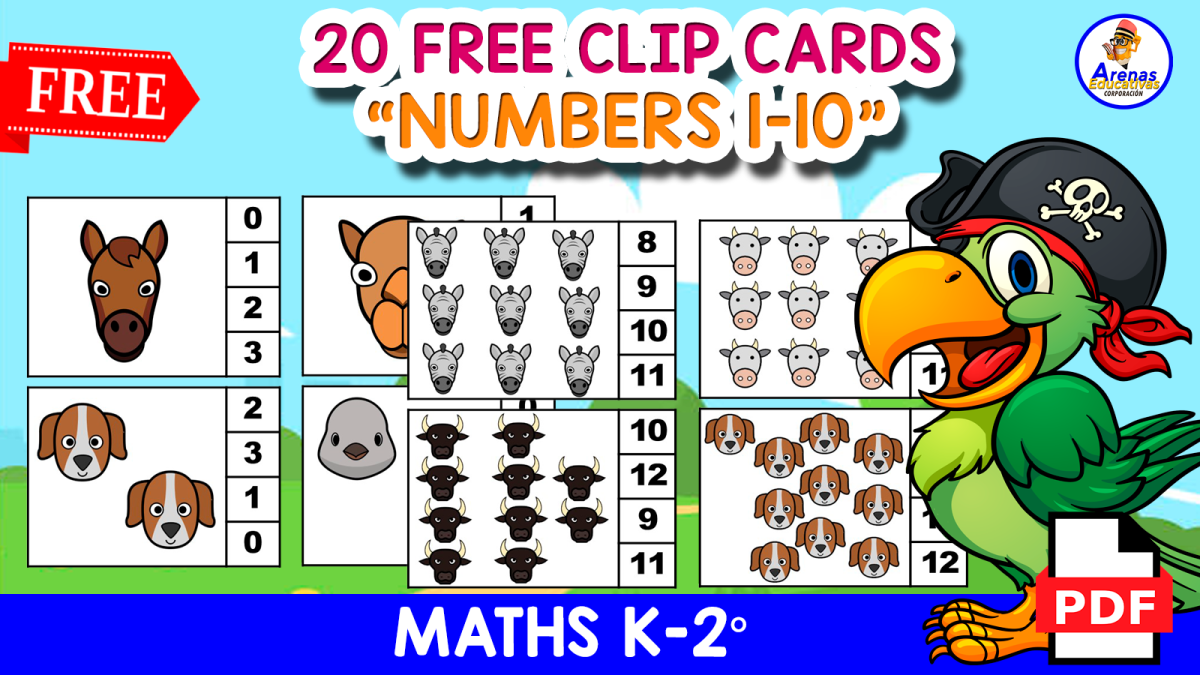 An educational teaching resource from EDITORIAL LAURA EDUCA entitled 20 COUNTING CLIP CARDS 1 TO 10 | Animals Themed downloadable at Teach Simple.