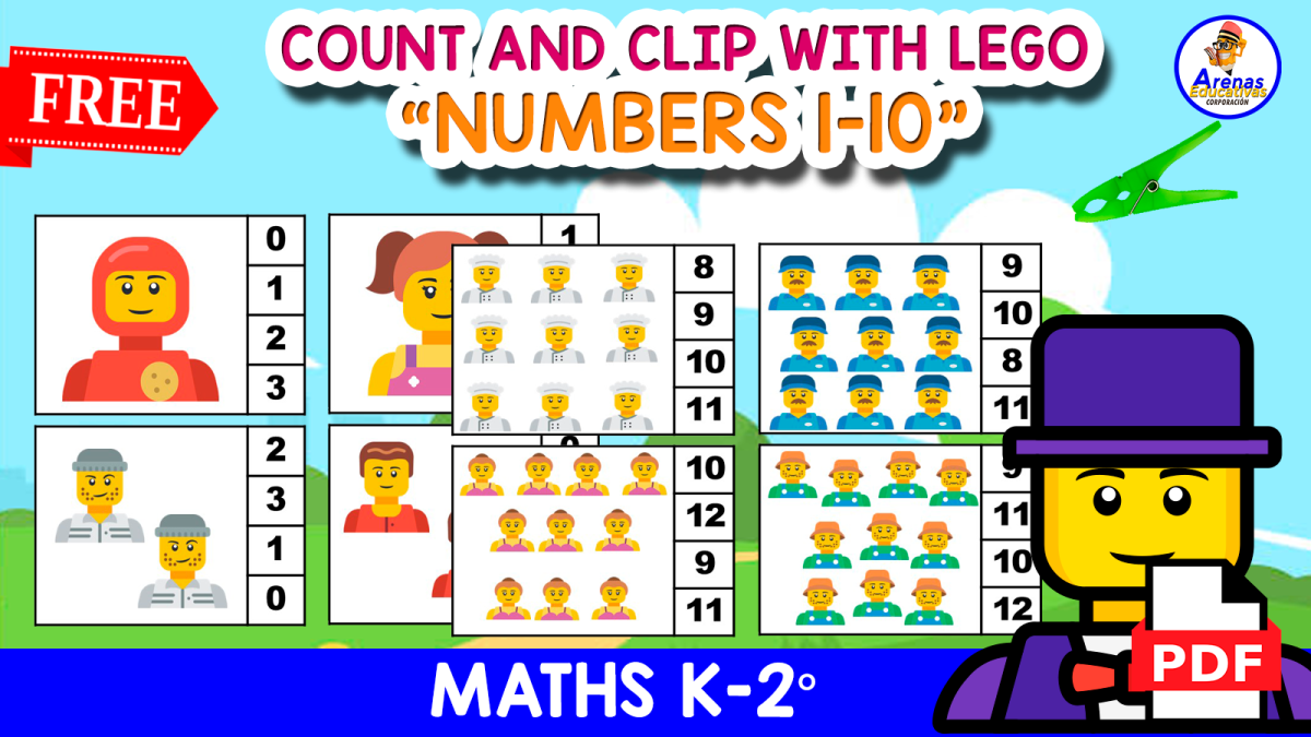 An educational teaching resource from EDITORIAL LAURA EDUCA entitled 20 COUNTING CLIP CARDS Numbers 1 to 10 - LEGO THEMED downloadable at Teach Simple.