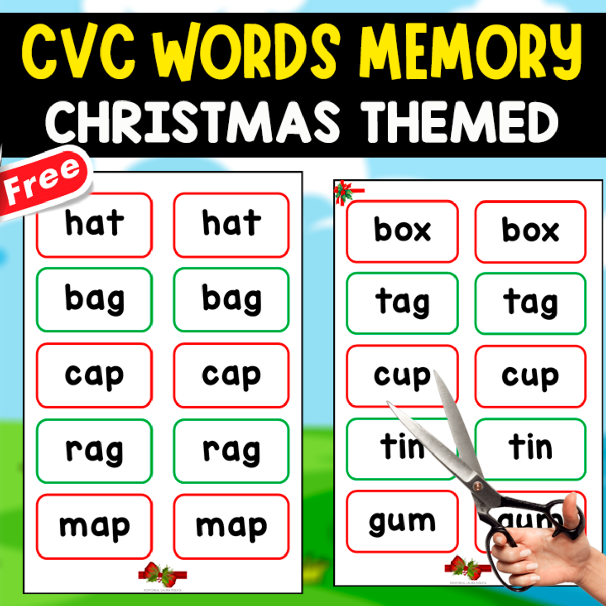 An educational teaching resource from EDITORIAL LAURA EDUCA entitled 20 CVC WORDS | CHRISTMAS THEMED | MEMORY GAME downloadable at Teach Simple.