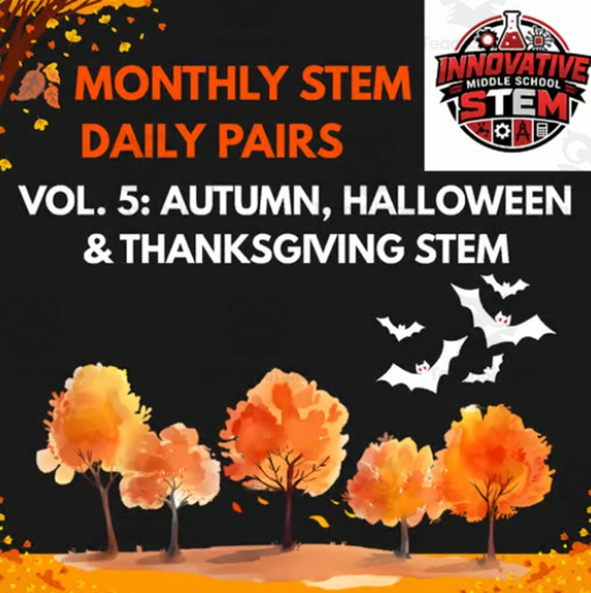An educational teaching resource from Innovative Middle School STEM entitled 20-Day STEM Bell Ringers: Halloween & Thanksgiving STEM downloadable at Teach Simple.