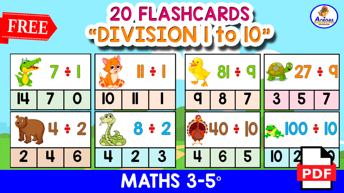 An educational teaching resource from EDITORIAL LAURA EDUCA entitled 20 DIVISION CLIP CARDS | Tables 1 to 10 downloadable at Teach Simple.