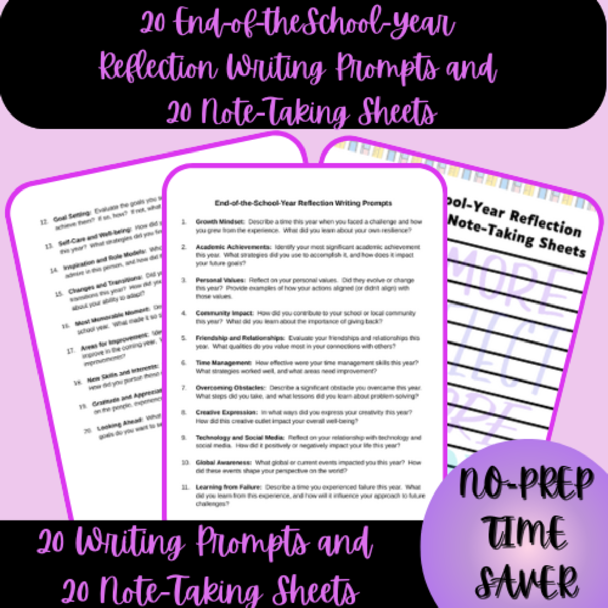 An educational teaching resource from Homeschool with Big Easy Homeschooling Mom entitled 20 End-of-the-School-Year Reflection Writing Prompts/Note-Taking Sheet downloadable at Teach Simple.
