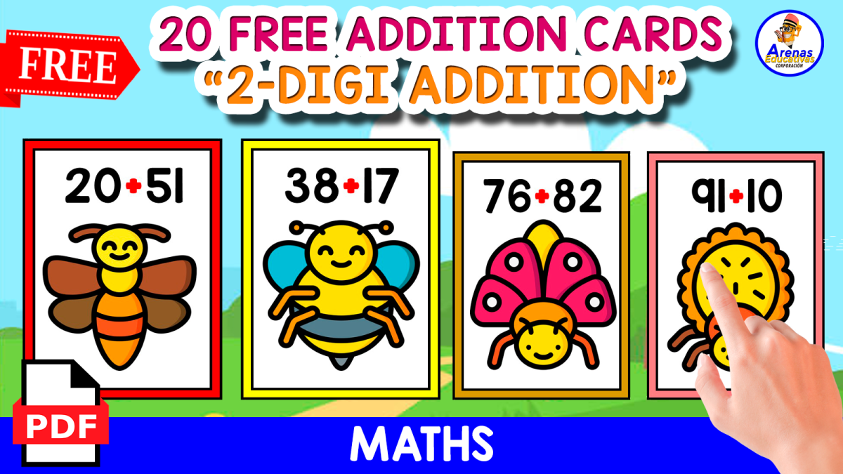 An educational teaching resource from EDITORIAL LAURA EDUCA entitled 20 FLASHCARDS OF 2-DIGIT ADDITION | INSECTS THEMED downloadable at Teach Simple.