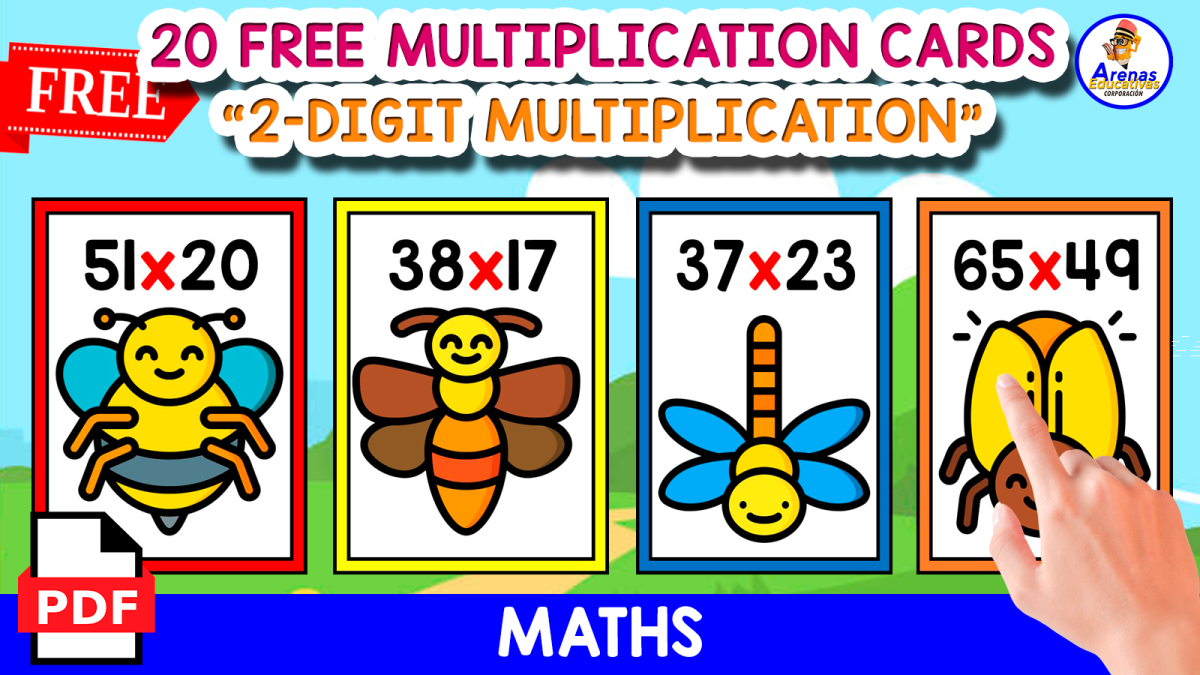 An educational teaching resource from EDITORIAL LAURA EDUCA entitled 20 FLASHCARDS OF 2-DIGIT MULTIPLICATION | INSECTS THEMED downloadable at Teach Simple.