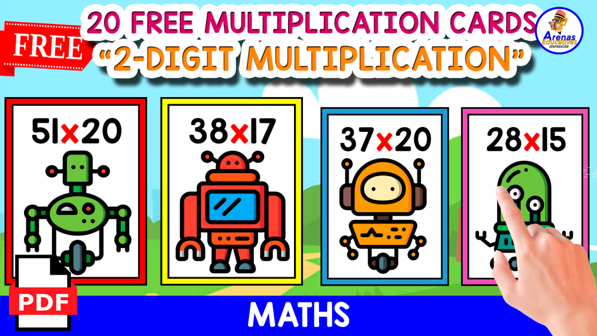An educational teaching resource from EDITORIAL LAURA EDUCA entitled 20 FLASHCARDS OF 2-DIGIT MULTIPLICATION | ROBOT THEMED downloadable at Teach Simple.