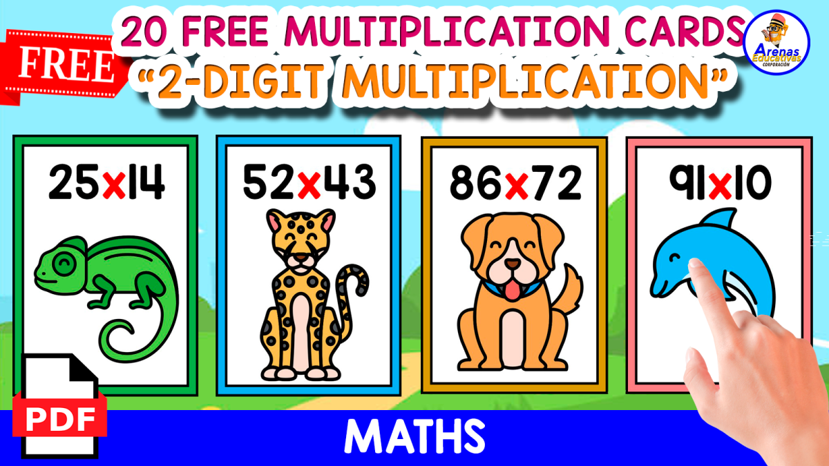 An educational teaching resource from EDITORIAL LAURA EDUCA entitled 20 FLASHCARDS OF 2-DIGIT MULTIPLICATION | WITH ANIMALS THEMED downloadable at Teach Simple.