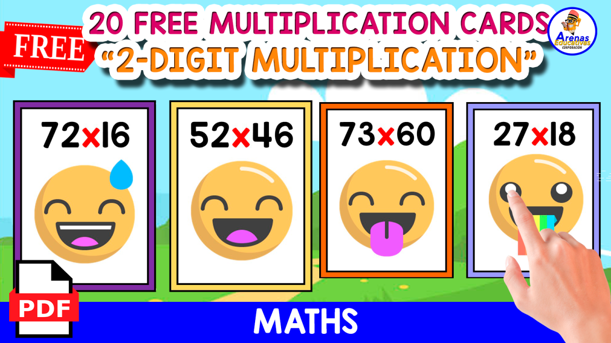 An educational teaching resource from EDITORIAL LAURA EDUCA entitled 20 FLASHCARDS OF 2-DIGIT MULTIPLICCATION | EMOJIS THEMED downloadable at Teach Simple.