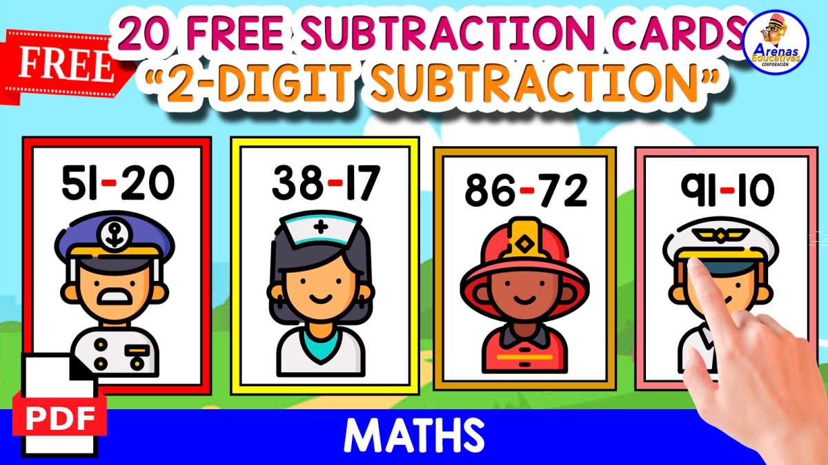 An educational teaching resource from EDITORIAL LAURA EDUCA entitled 20 FLASHCARDS OF 2-DIGIT SUBCTRACTION | PEOPLE THEMED downloadable at Teach Simple.