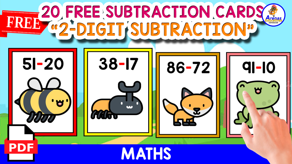 An educational teaching resource from EDITORIAL LAURA EDUCA entitled 20 FLASHCARDS OF 2-DIGIT SUBTRACTION | ANIMALS THEMED downloadable at Teach Simple.