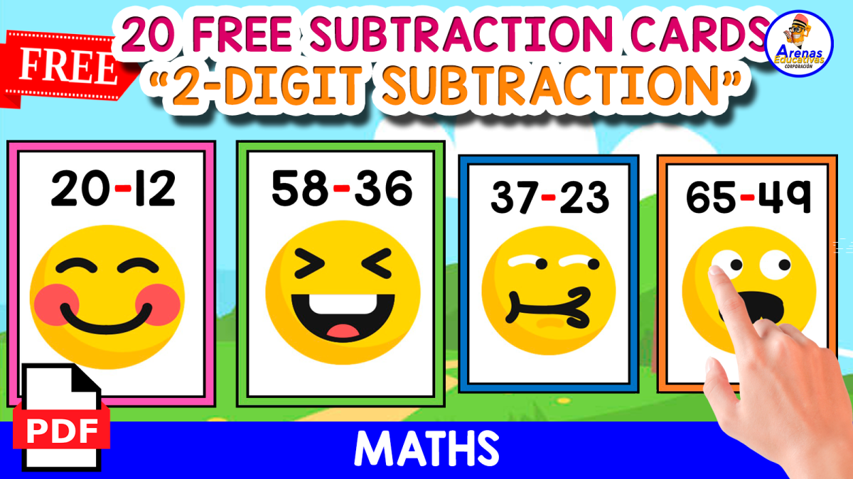 An educational teaching resource from EDITORIAL LAURA EDUCA entitled 20 FLASHCARDS OF 2-DIGIT SUBTRACTION | EMOJIS THEMED | FREE RESOURCE downloadable at Teach Simple.
