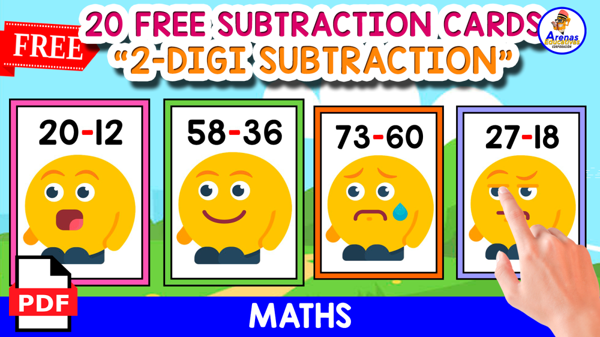 An educational teaching resource from EDITORIAL LAURA EDUCA entitled 20 FLASHCARDS OF 2-DIGIT SUBTRACTION | EMOJIS THEMED downloadable at Teach Simple.