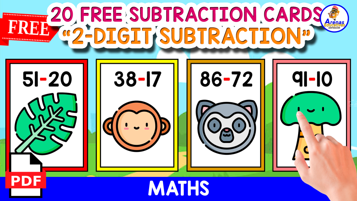 An educational teaching resource from EDITORIAL LAURA EDUCA entitled 20 FLASHCARDS OF 2-DIGIT SUBTRACTION | JUNGLE THEMED downloadable at Teach Simple.