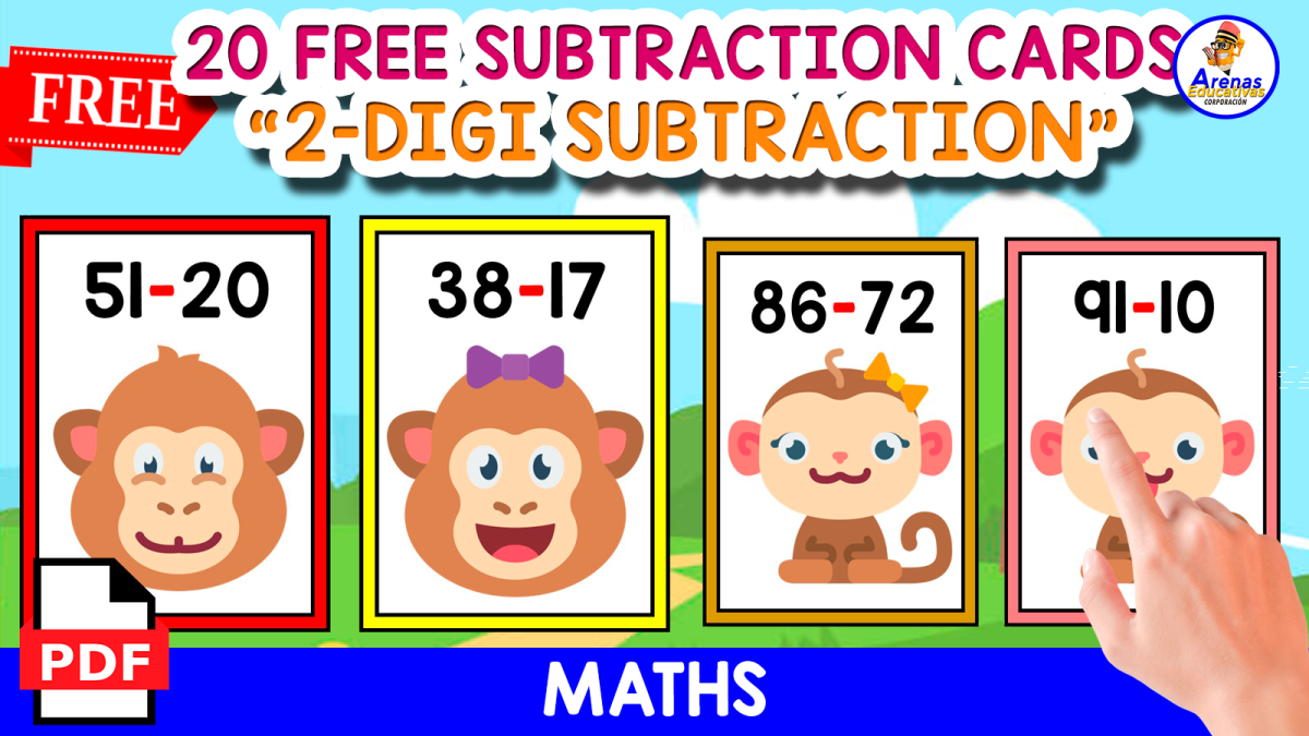 An educational teaching resource from EDITORIAL LAURA EDUCA entitled 20 FLASHCARDS OF 2-DIGIT SUBTRACTION | MONKEY THEMED downloadable at Teach Simple.