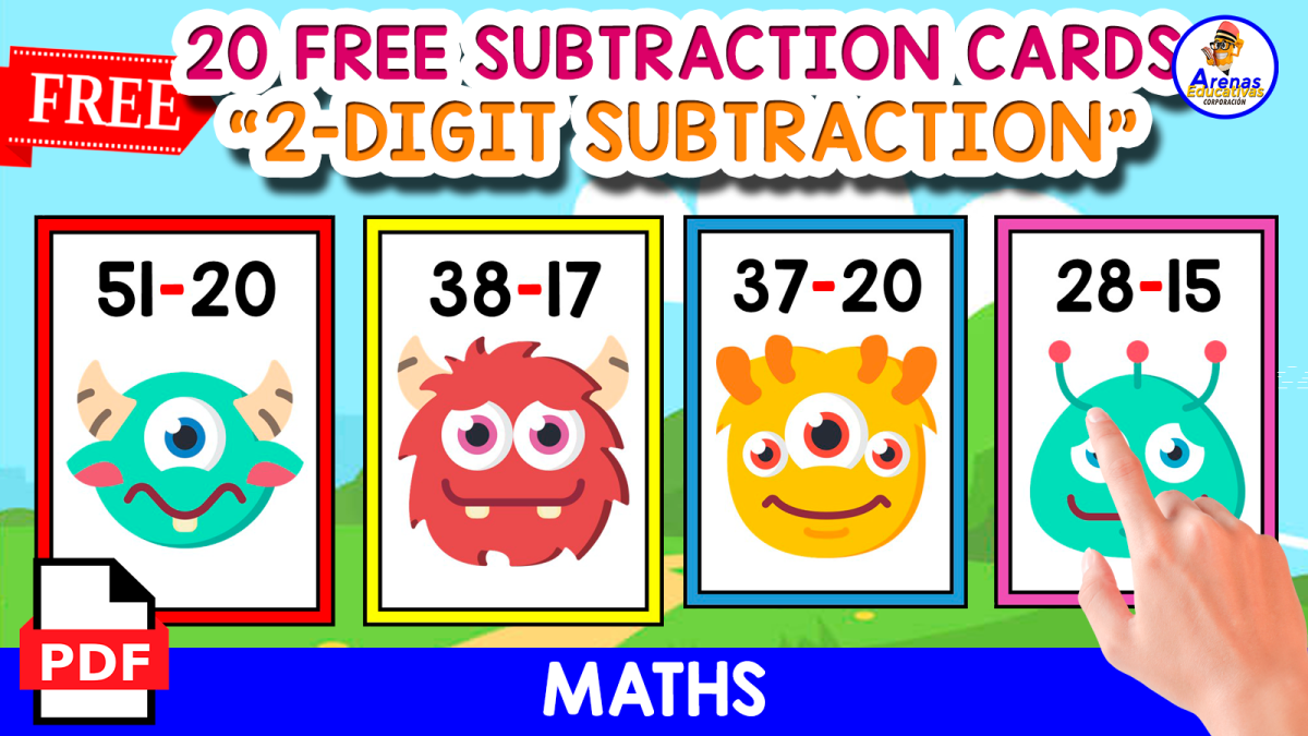 An educational teaching resource from EDITORIAL LAURA EDUCA entitled 20 FLASHCARDS OF 2-DIGIT SUBTRACTION | MONSTER THEMED downloadable at Teach Simple.