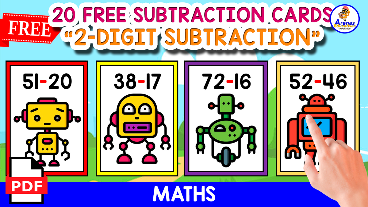 An educational teaching resource from EDITORIAL LAURA EDUCA entitled 20 FLASHCARDS OF 2-DIGIT SUBTRACTION | ROBOT THEMED downloadable at Teach Simple.
