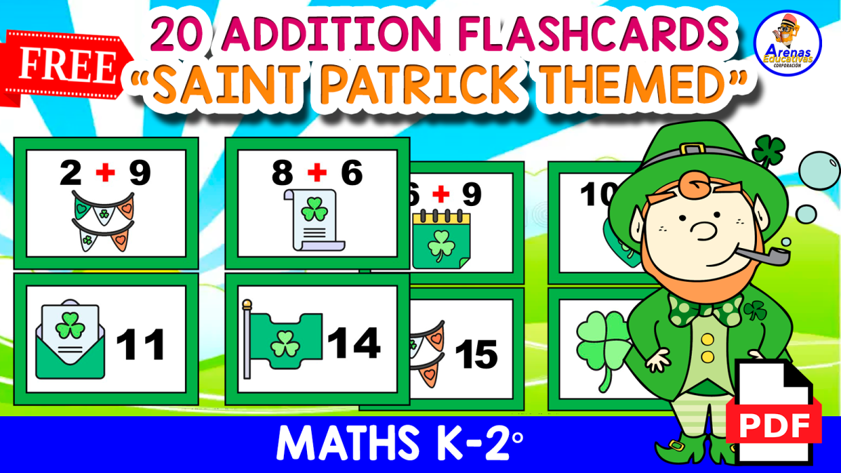 An educational teaching resource from EDITORIAL LAURA EDUCA entitled 20 FREE ADDITION FLASHCARDS | Saint Patrick Themed downloadable at Teach Simple.