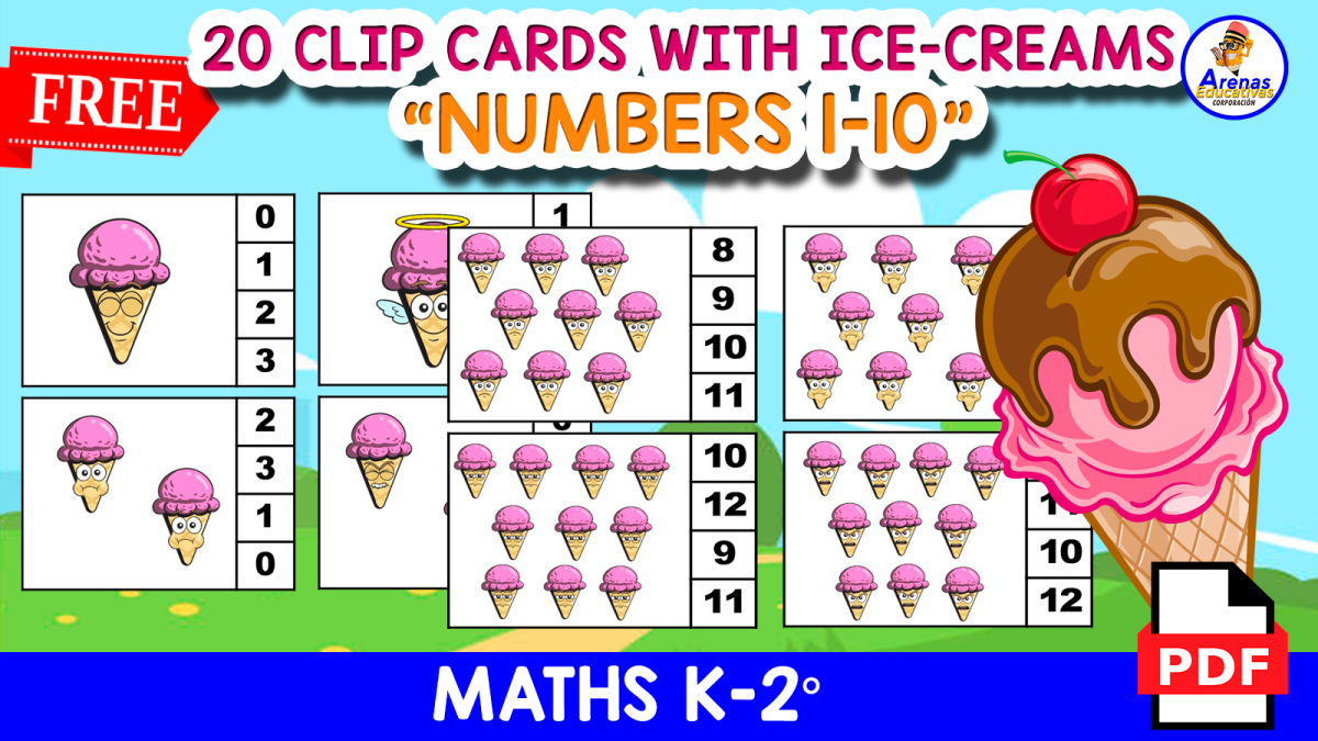 An educational teaching resource from EDITORIAL LAURA EDUCA entitled 20 FREE CLIP-CARDS Counting 1 to 10 | ICE CREAM Themed downloadable at Teach Simple.