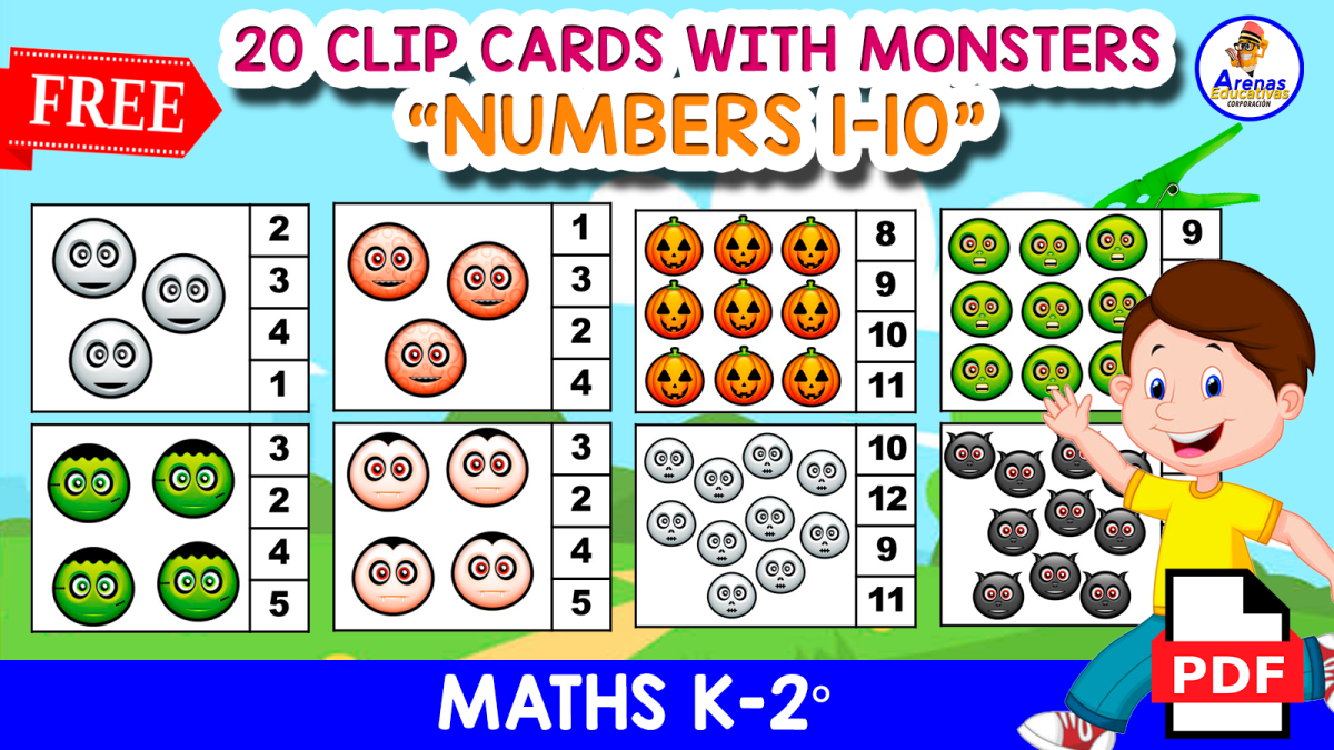 An educational teaching resource from EDITORIAL LAURA EDUCA entitled 20 FREE CLIP CARDS Counting 1 to 10 | MONSTER THEMED downloadable at Teach Simple.