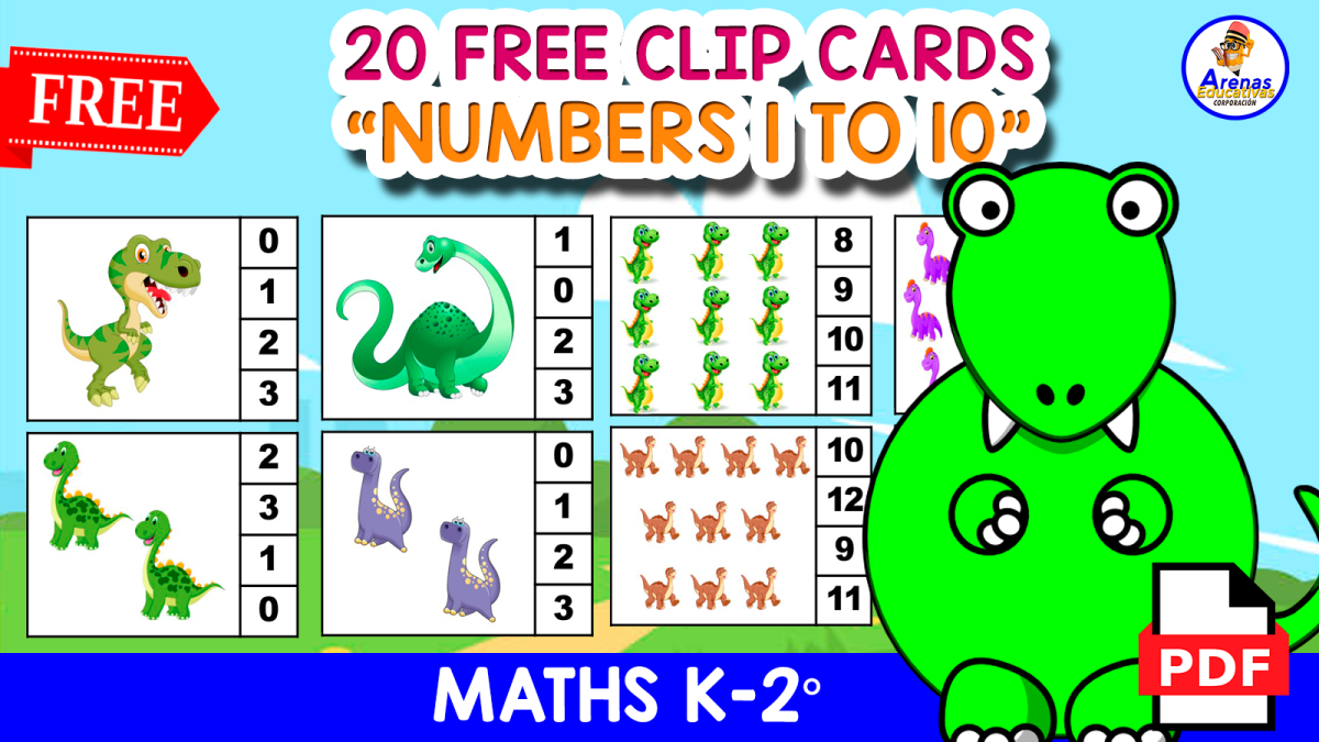 An educational teaching resource from EDITORIAL LAURA EDUCA entitled 20 Free Clip Cards for Counting 1 - 10 | DINO THEMED downloadable at Teach Simple.