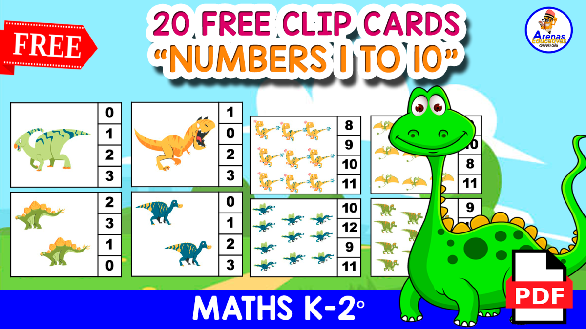 An educational teaching resource from EDITORIAL LAURA EDUCA entitled 20 FREE CLIPCARDS | NUMBERS 1 TO 10 WITH DINOSAURS downloadable at Teach Simple.