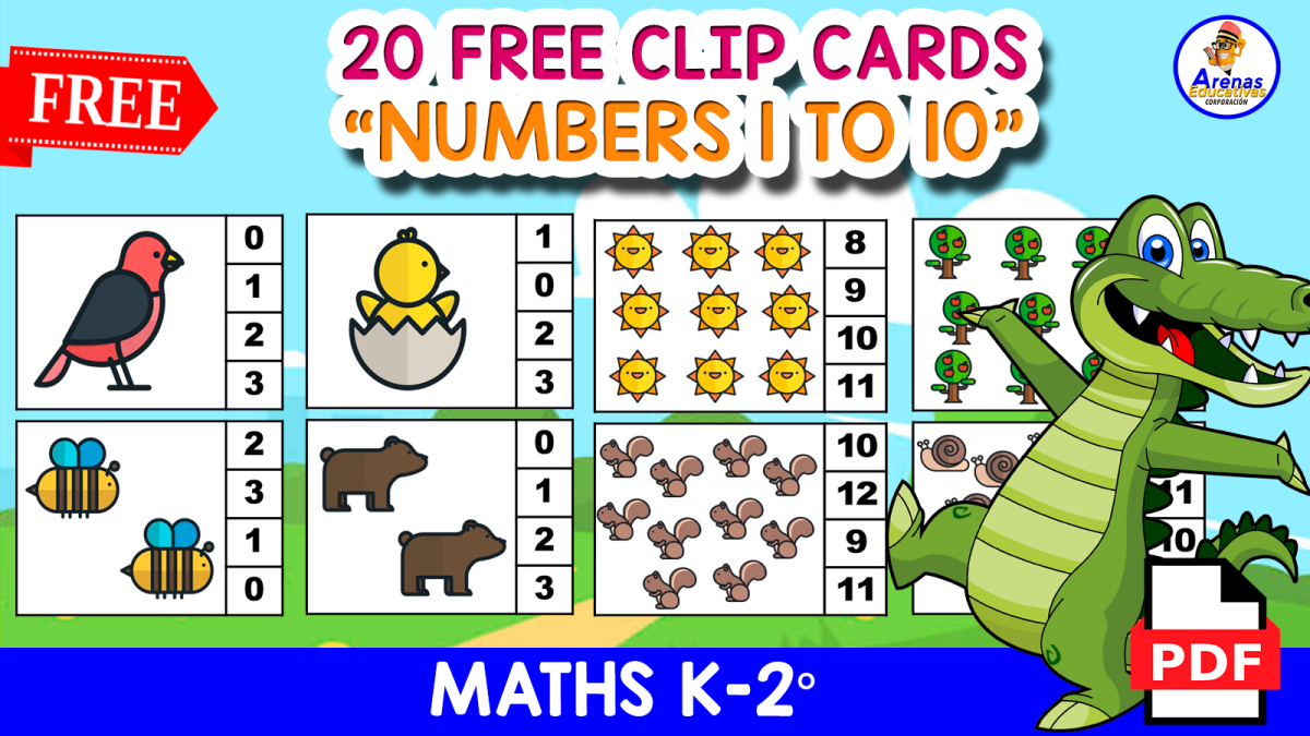 An educational teaching resource from EDITORIAL LAURA EDUCA entitled 20 FREE COUNTING CLIP CARDS | NUmbers 1 to 10 FOR KIDS downloadable at Teach Simple.