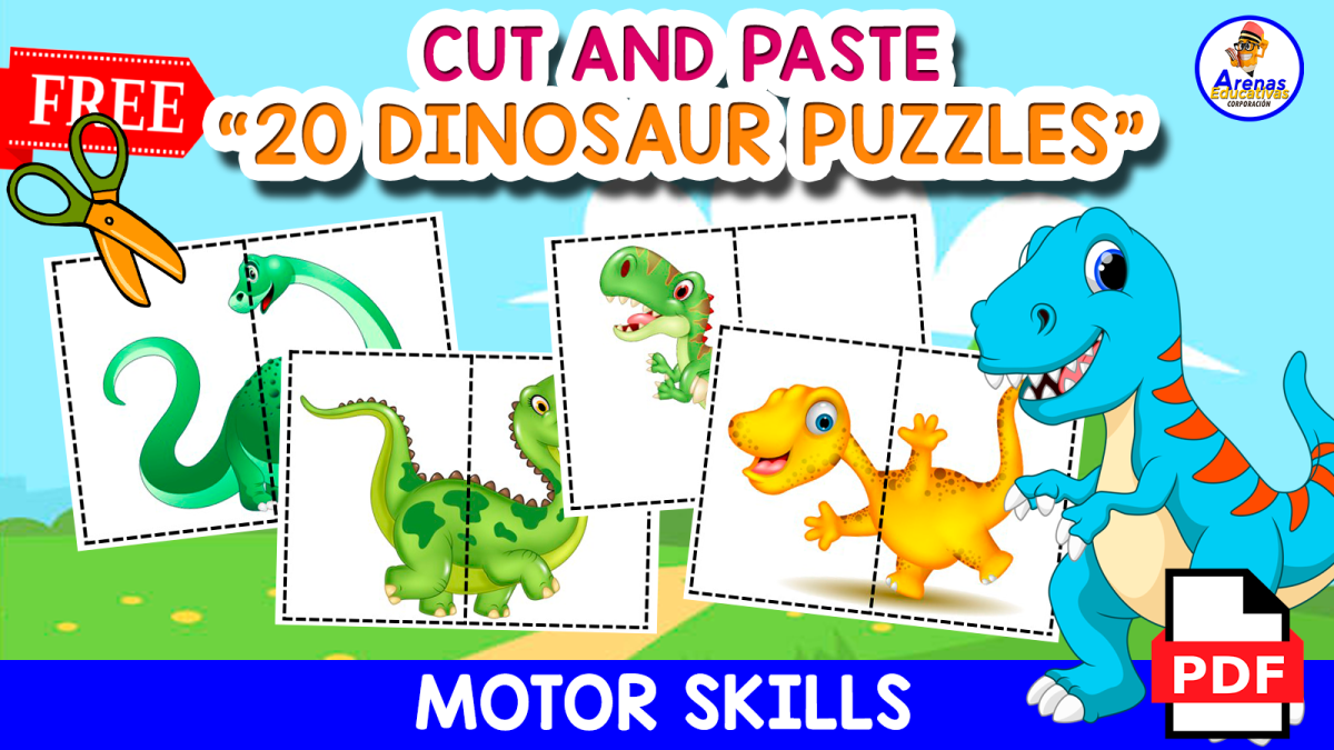 An educational teaching resource from EDITORIAL LAURA EDUCA entitled 20 FREE DINOSAUR PUZZLES | Cut and Paste downloadable at Teach Simple.