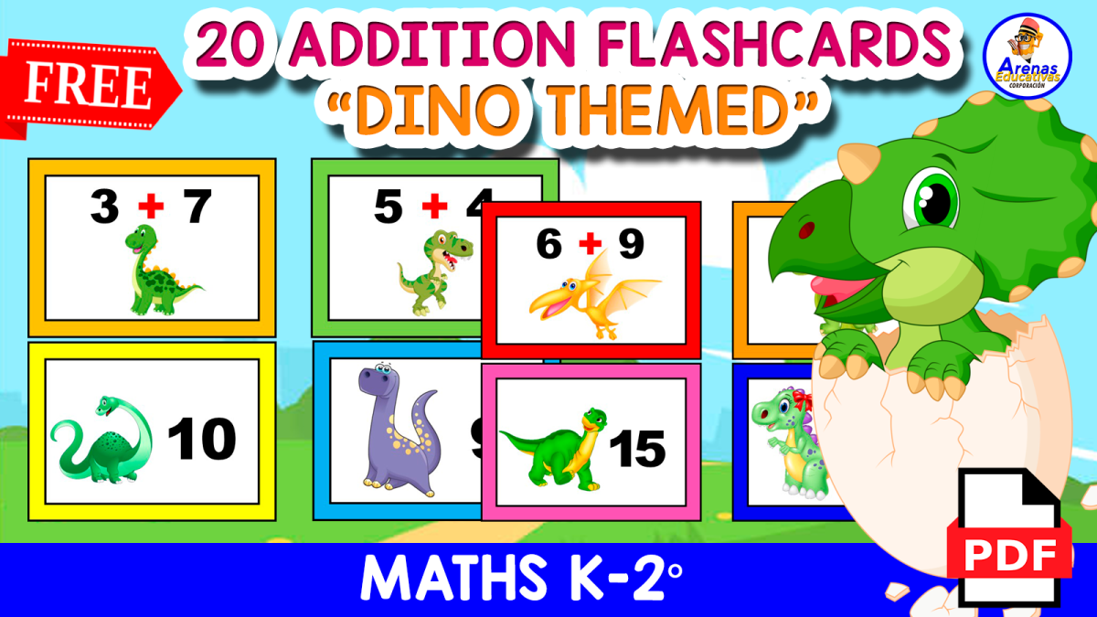 An educational teaching resource from EDITORIAL LAURA EDUCA entitled 20 FREE FLASHCARDS OF ADDITION | Dino Themed downloadable at Teach Simple.
