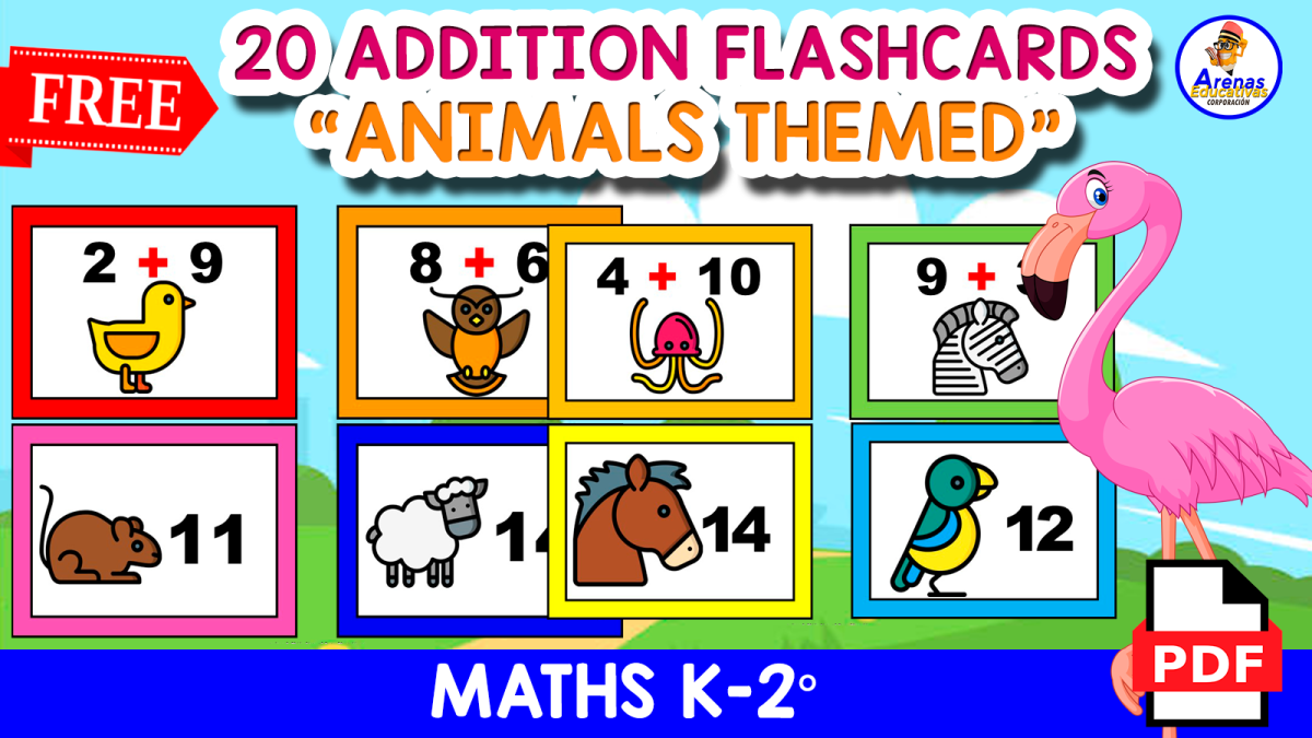An educational teaching resource from EDITORIAL LAURA EDUCA entitled 20 FREE FLASHCARDS OF THE ADDITION | Animals Themed for Kids downloadable at Teach Simple.