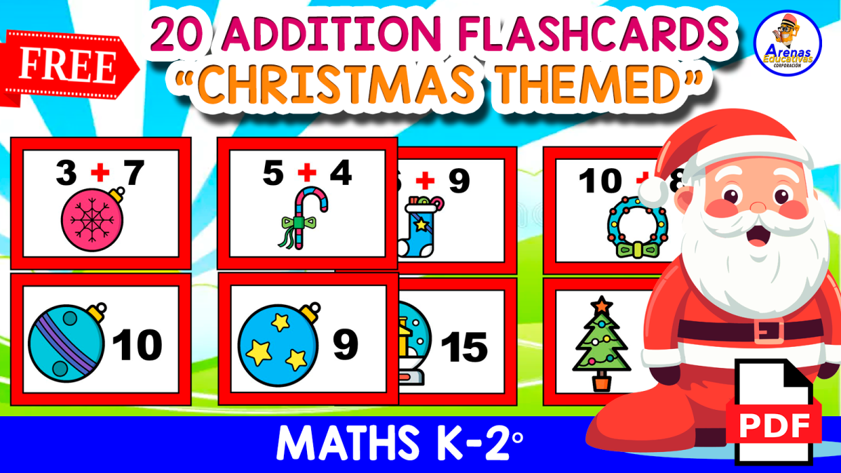 An educational teaching resource from EDITORIAL LAURA EDUCA entitled 20 FREE FLASHCARDS OF THE ADDITION | Christmas Themed downloadable at Teach Simple.