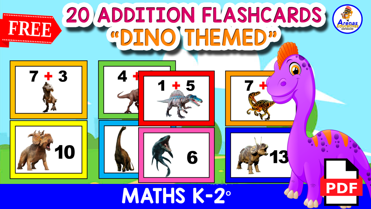 An educational teaching resource from EDITORIAL LAURA EDUCA entitled 20 FREE FUNNY ADDITION FLASHCARDS | Dino Theme FOR KIDS downloadable at Teach Simple.