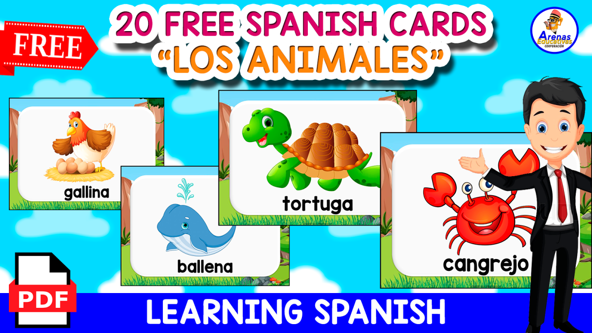 An educational teaching resource from EDITORIAL LAURA EDUCA entitled 20 FREE SPANISH FLASHCARDS OF THE ANIMALS | ANIMALES EN ESPAÑOL downloadable at Teach Simple.