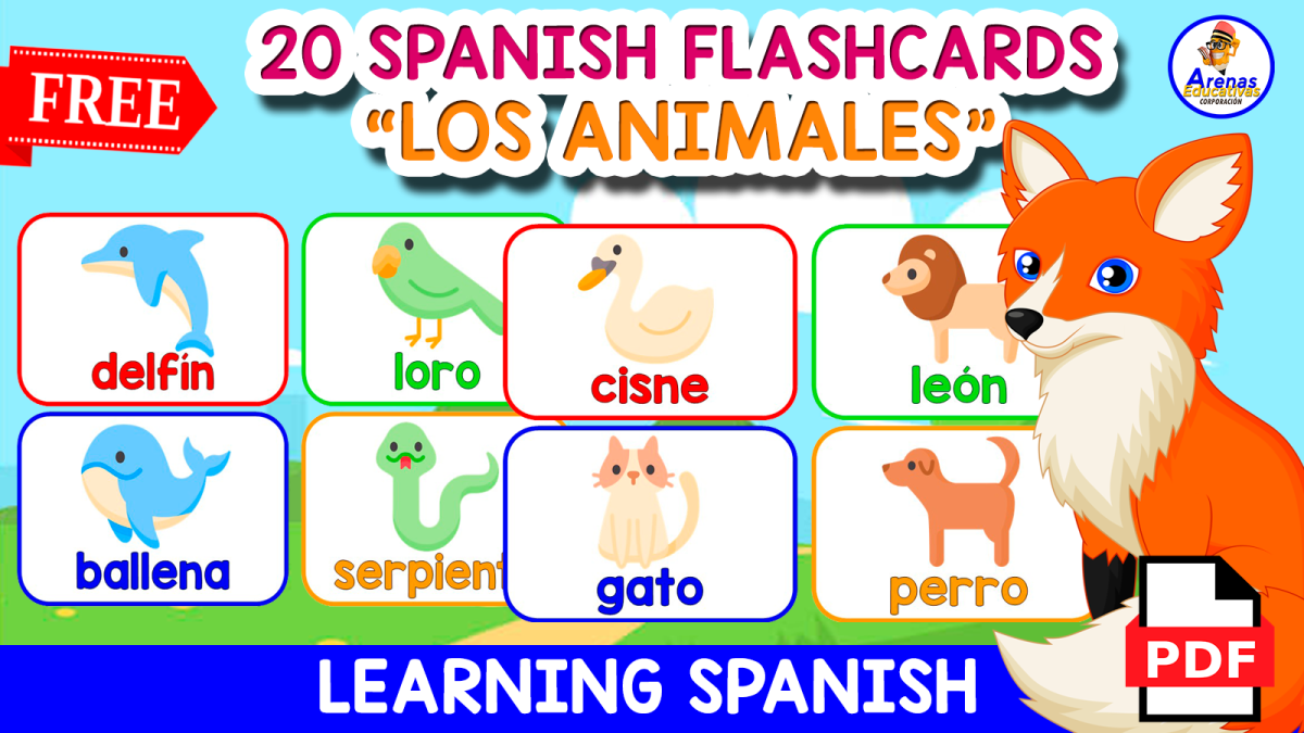 An educational teaching resource from EDITORIAL LAURA EDUCA entitled 20 FREE SPANISH FLASHCARDS | Vocabulary "THE ANIMALS" downloadable at Teach Simple.