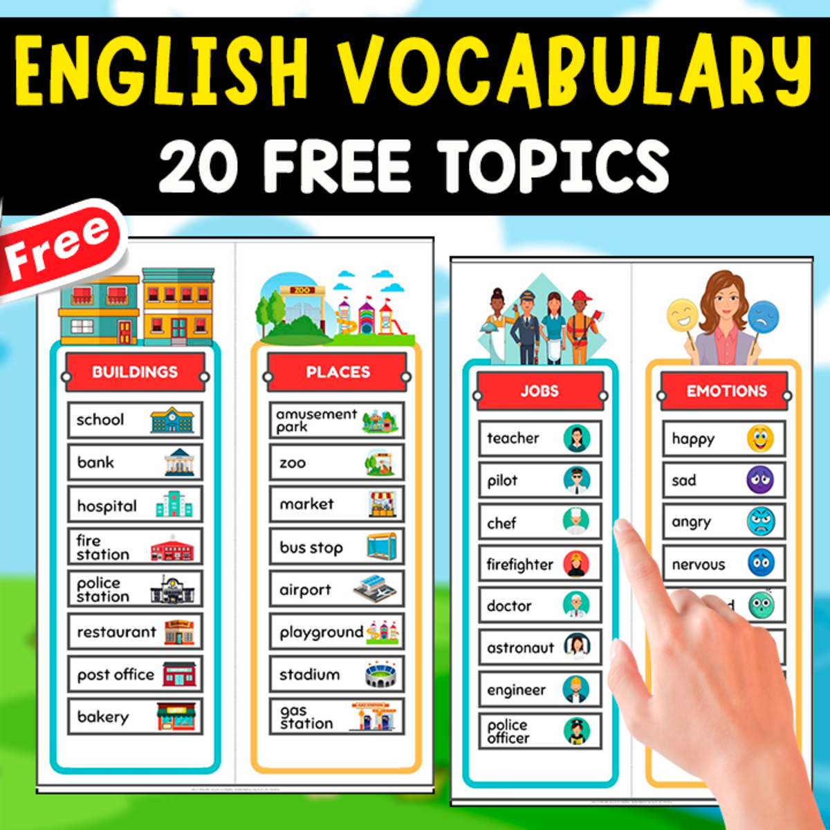 An educational teaching resource from EDITORIAL LAURA EDUCA entitled 20 English Basic Vocabulary Topics – Free Set downloadable at Teach Simple.