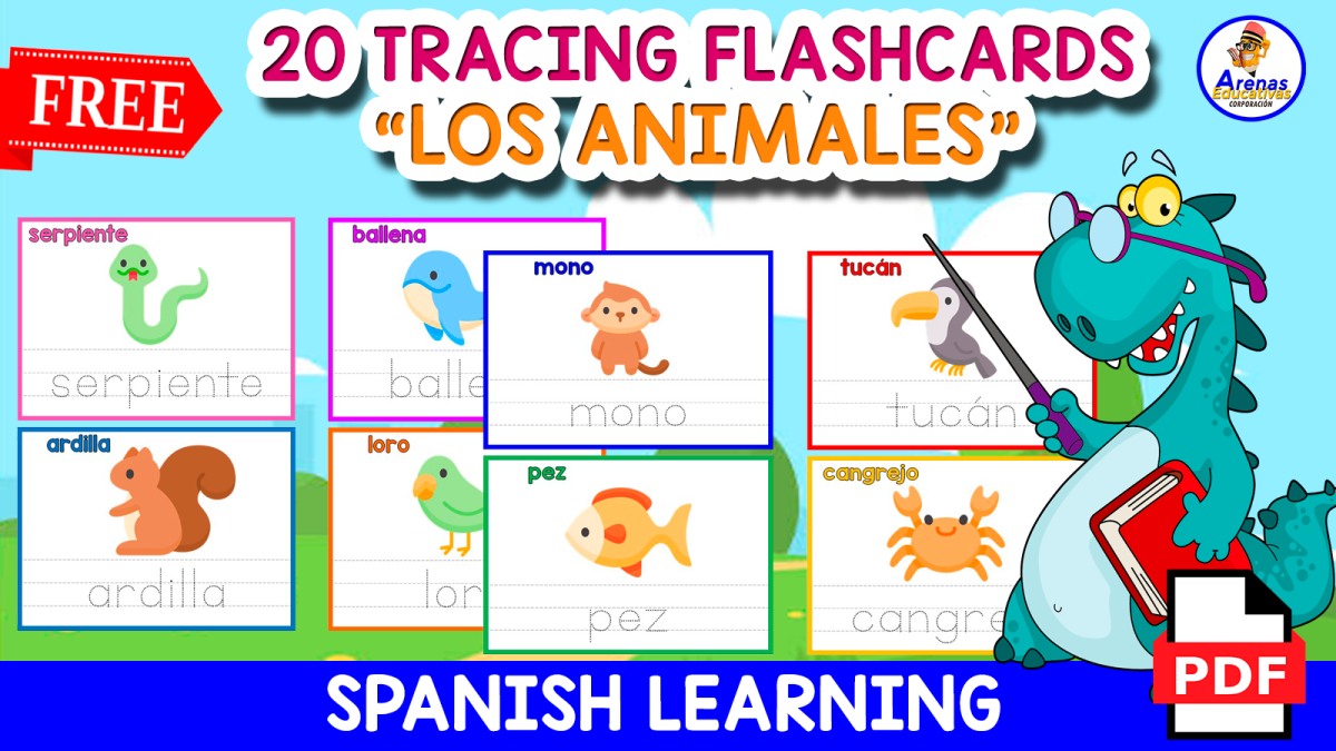 An educational teaching resource from EDITORIAL LAURA EDUCA entitled 20 FREE TRACING FLASHCARDS | "Los Animales en Español" downloadable at Teach Simple.
