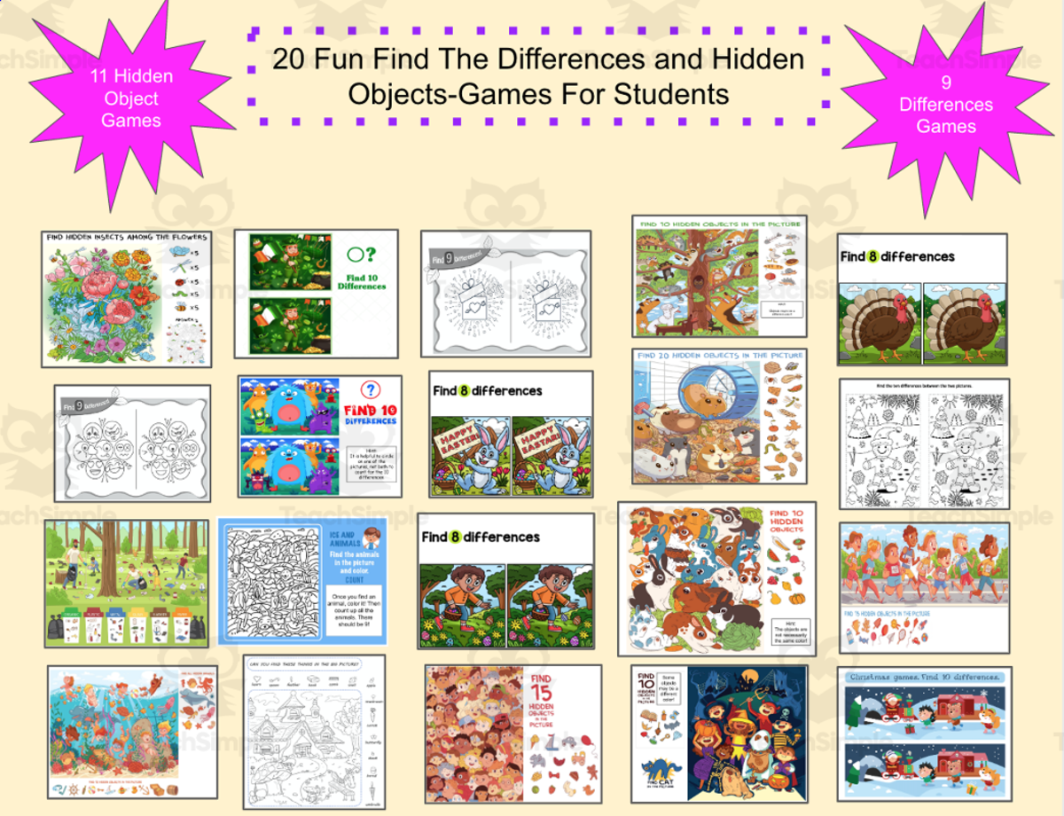 An educational teaching resource from Jennifer Moyer Taylor entitled Hidden Objects & Find the Differences – 20 Puzzles downloadable at Teach Simple.