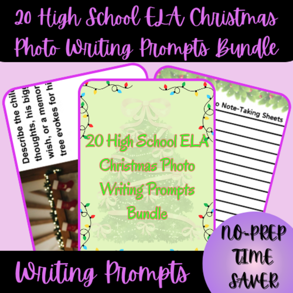 An educational teaching resource from Homeschool with Big Easy Homeschooling Mom entitled 20 High School ELA Christmas Photo Writing Prompts Bundle downloadable at Teach Simple.