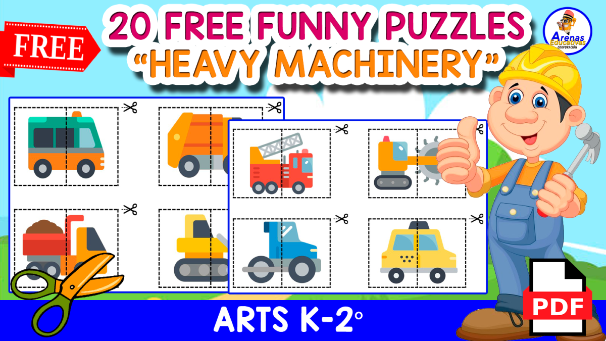 An educational teaching resource from EDITORIAL LAURA EDUCA entitled 20 PUZZLES OF HEAVY MACHINERY | Cut Out Activity downloadable at Teach Simple.
