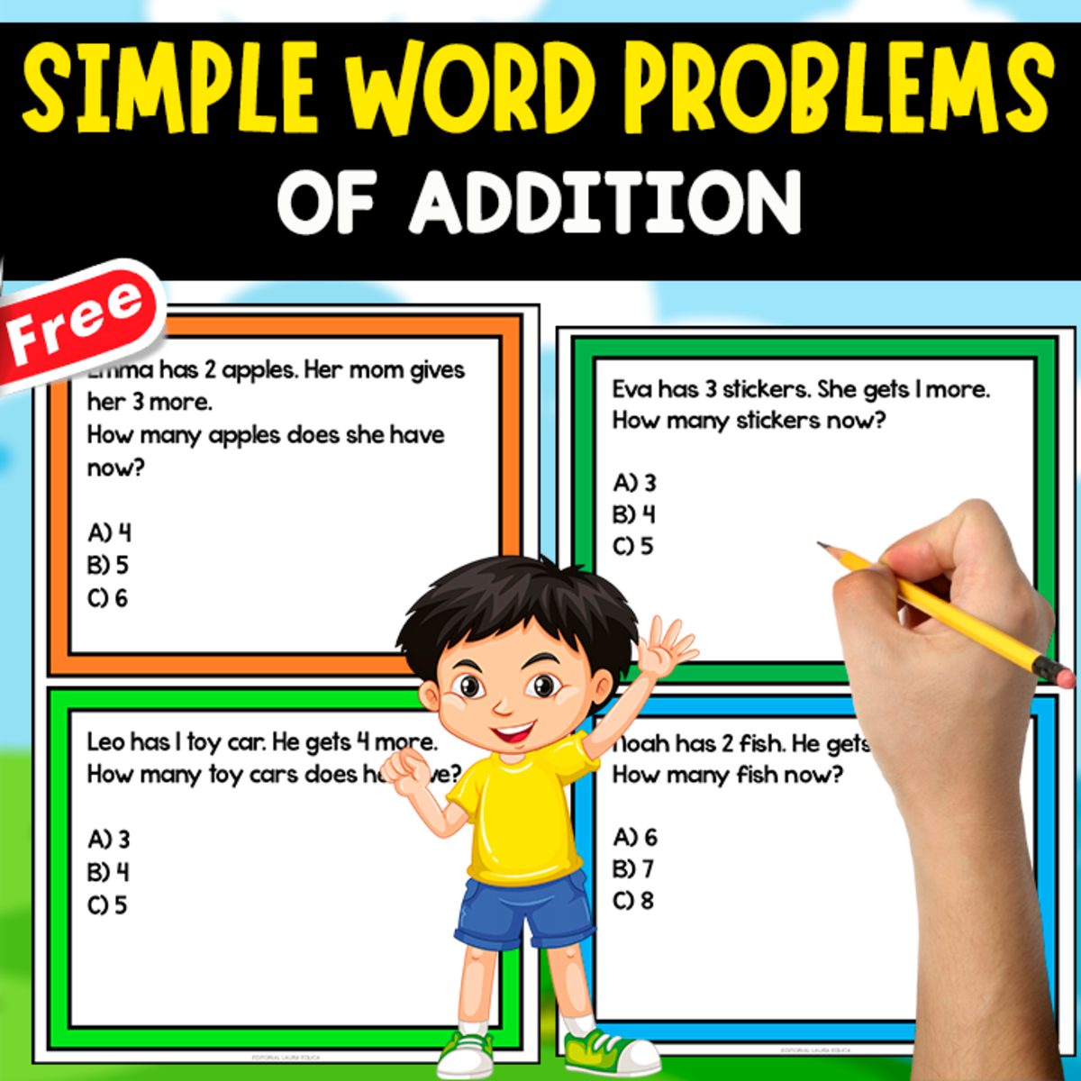 An educational teaching resource from EDITORIAL LAURA EDUCA entitled 20 SIMPLE ADDITION WORD PROBLEMS | MATH RESOURCE downloadable at Teach Simple.