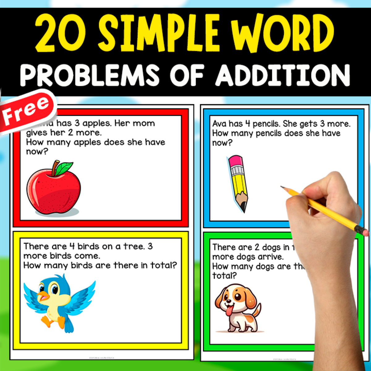 An educational teaching resource from EDITORIAL LAURA EDUCA entitled 20 SIMPLE WORD PROBLEMS | ADDITION downloadable at Teach Simple.