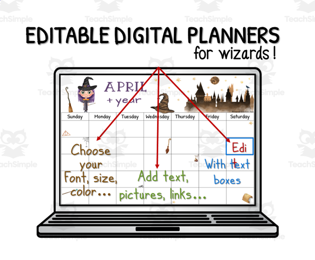 An educational teaching resource from Pick'n Teach entitled 2023-2024 EDITABLE planners for wizards and witches in PowerPoint - insert your own text, pics, links... downloadable at Teach Simple.