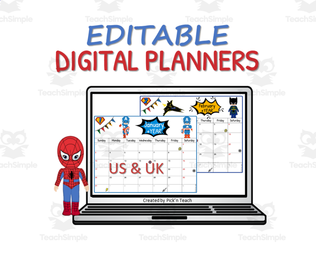 An educational teaching resource from Pick'n Teach entitled 2024-2025 EDITABLE planners for SUPERHEROES in PowerPoint downloadable at Teach Simple.