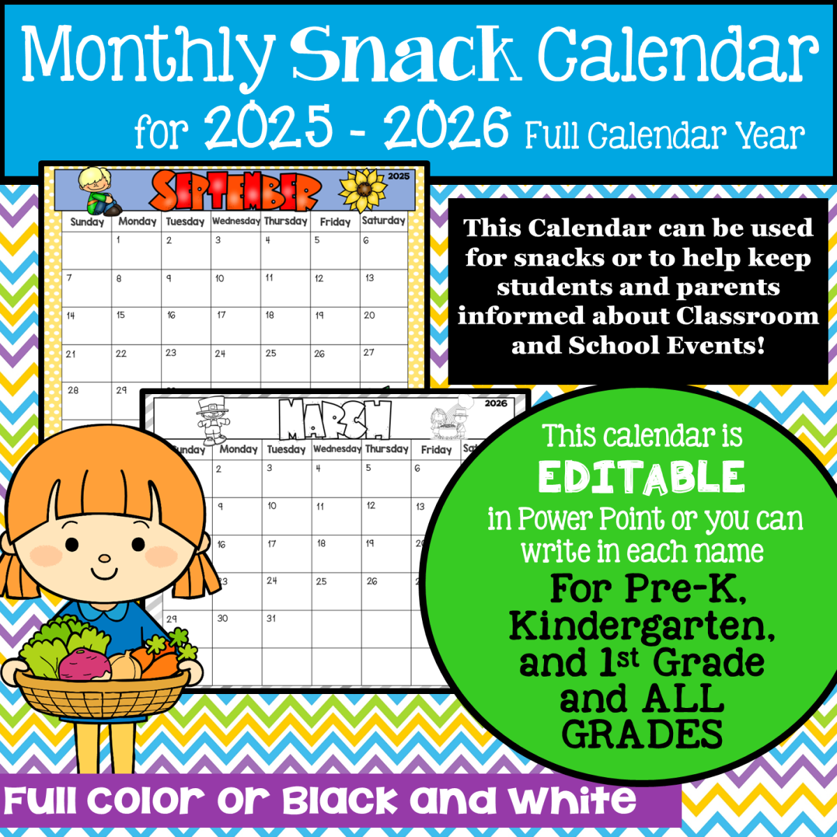 An educational teaching resource from K-5 Treasures entitled 2025 - 2026 Back to School Snack Calendar | Pre-K- 1st Grade |EDITABLE downloadable at Teach Simple.